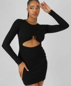 Public Desire UK KAIIA CLOTHING Bull Ring Detail Long Sleeve Mini Dress Black