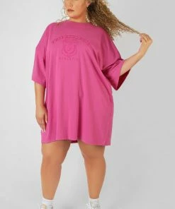 Public Desire UK Curve Philadelphia Embroidered T Shirt Dress Magenta KAIIA CLOTHING