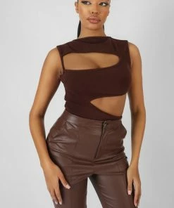 Public Desire UK Asymmetric Cut Away Bodysuit Chocolate KAIIA CLOTHING