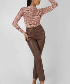 Public Desire UK KAIIA CLOTHING Printed Mesh Ruched Front Crop Top Brown