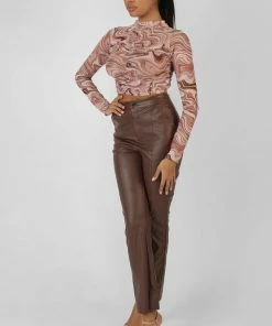 Public Desire UK KAIIA CLOTHING Printed Mesh Ruched Front Crop Top Brown