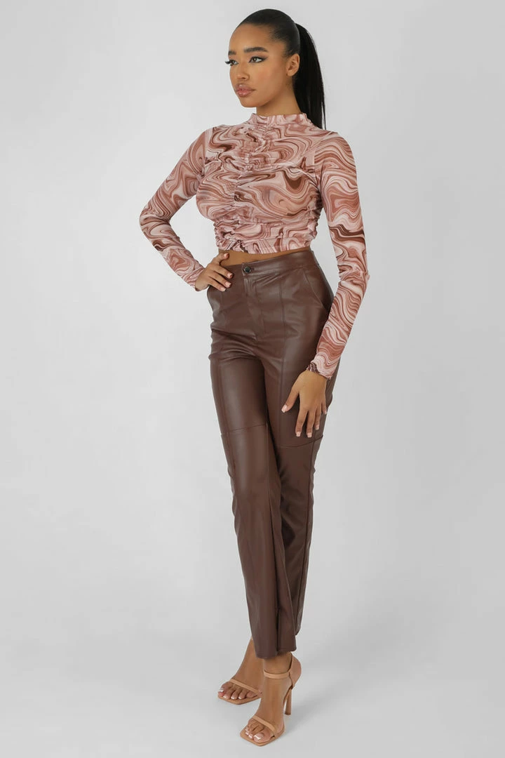 Public Desire UK KAIIA CLOTHING Printed Mesh Ruched Front Crop Top Brown 2 Public Desire UK KAIIA CLOTHING Printed Mesh Ruched Front Crop Top Brown