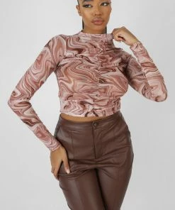 Public Desire UK KAIIA CLOTHING Printed Mesh Ruched Front Crop Top Brown 7 Public Desire UK KAIIA CLOTHING Printed Mesh Ruched Front Crop Top Brown