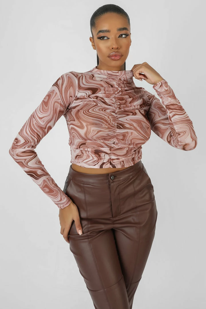 Public Desire UK KAIIA CLOTHING Printed Mesh Ruched Front Crop Top Brown 4 Public Desire UK KAIIA CLOTHING Printed Mesh Ruched Front Crop Top Brown