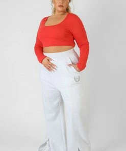 Public Desire UK Curve Scoop Neck Long Sleeve Crop Top Red