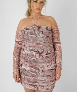Public Desire UK Curve Printed Mesh Ruched Bardot Dress Brown KAIIA CLOTHING