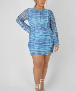 Public Desire UK Curve Space Dye Print Mesh Dress Blue KAIIA CLOTHING