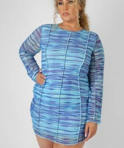 Public Desire UK Curve Space Dye Print Mesh Dress Blue KAIIA CLOTHING