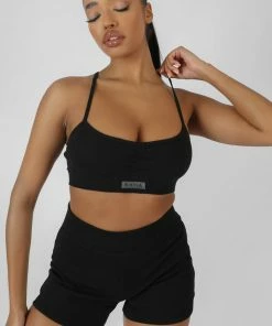 Public Desire UK Athleisure Cross Back Ribbed Bralet Black KAIIA CLOTHING