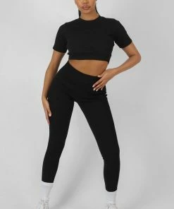 Public Desire UK Athleisure Underbust Ribbed Fitted Cropped T-Shirt Black KAIIA CLOTHING