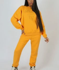 Public Desire UK Milan Tonal Embroidered Joggers Mango