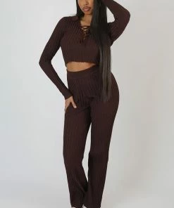 Public Desire UK Ribbed Knitted Wide Leg Trousers Chocolate 8 Public Desire UK Ribbed Knitted Wide Leg Trousers Chocolate