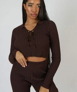 Public Desire UK Lace Up Ribbed Crop Top Chocolate