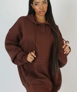 Public Desire UK Oversized Sweat Hoodie Dress Chocolate KAIIA CLOTHING