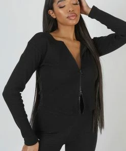 Public Desire UK Double Ended Zip Rib Top Black KAIIA CLOTHING
