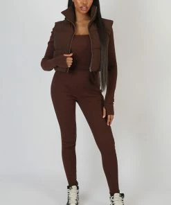Public Desire UK KAIIA CLOTHING Rib Square Neck Legging Unitard Jumpsuit Chocolate