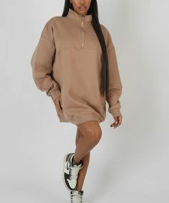 Public Desire UK KAIIA CLOTHING Oversized Half Zip Sweat Dress Camel