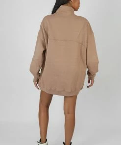 Public Desire UK KAIIA CLOTHING Oversized Half Zip Sweat Dress Camel