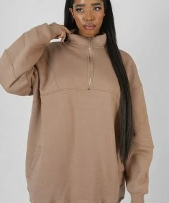 Public Desire UK KAIIA CLOTHING Oversized Half Zip Sweat Dress Camel