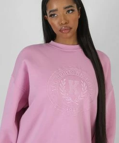 Public Desire UK Oversized Tonal Embroidered Sweatshirt Pink