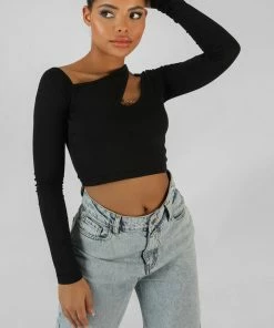 Public Desire UK Kaiia Trim Asymmetric Long Sleeve Top Black KAIIA CLOTHING