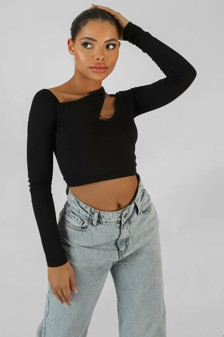 Public Desire UK Kaiia Trim Asymmetric Long Sleeve Top Black KAIIA CLOTHING 2 Public Desire UK Kaiia Trim Asymmetric Long Sleeve Top Black KAIIA CLOTHING