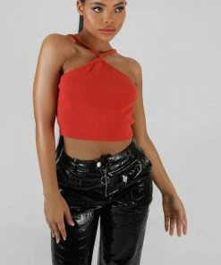 Public Desire UK KAIIA CLOTHING Halter Neck Strappy Crop Top Coral
