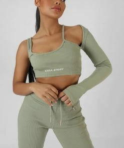 Public Desire UK KAIIA CLOTHING Asymmetric One Sleeve Kaiia Sport Crop Top Khaki