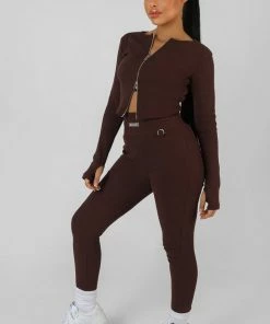 Public Desire UK Double Ended Zip Kaiia Sport Top Chocolate