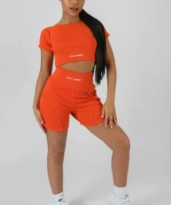 Public Desire UK KAIIA CLOTHING Ribbed Cropped Kaiia Sport T-Shirt Sunset Orange