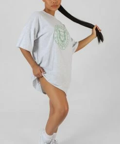 Public Desire UK KAIIA CLOTHING Manhattan Embroidered T-Shirt Dress Oatmeal Marl