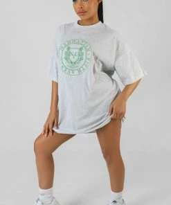 Public Desire UK KAIIA CLOTHING Manhattan Embroidered T-Shirt Dress Oatmeal Marl