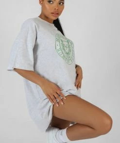 Public Desire UK KAIIA CLOTHING Manhattan Embroidered T-Shirt Dress Oatmeal Marl