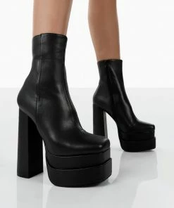 Public Desire UK Supine Wide Fit Black Pu Chunky Platform High Heeled Ankle Boots
