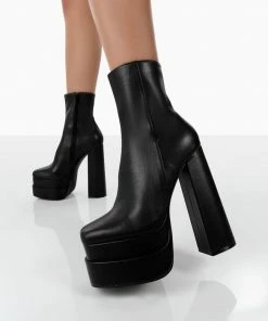 Public Desire UK Supine Wide Fit Black Pu Chunky Platform High Heeled Ankle Boots