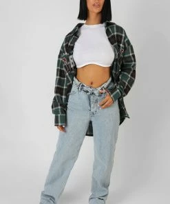 Public Desire UK Michigan Slogan Check Shirt Forest Green