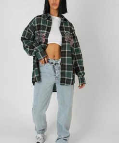 Public Desire UK Michigan Slogan Check Shirt Forest Green