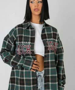 Public Desire UK Michigan Slogan Check Shirt Forest Green