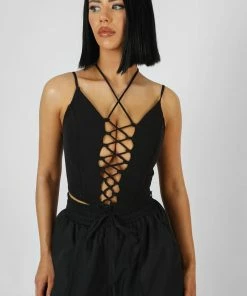 Public Desire UK Lace Up Corset Top Black KAIIA CLOTHING