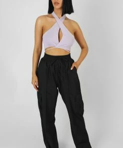 Public Desire UK Wrap Front Halter Crop Top Lilac KAIIA CLOTHING