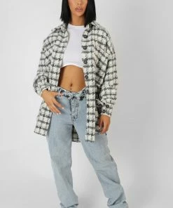 Public Desire UK KAIIA CLOTHING Oversized Houndstooth Shacket Grey