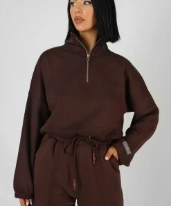 Public Desire UK Oversized Half Zip Gathered Hem Sweat Chocolate KAIIA CLOTHING