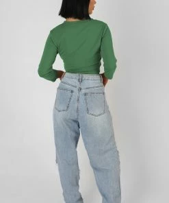 Public Desire UK KAIIA CLOTHING Button Front Long Sleeve Crop Top Khaki