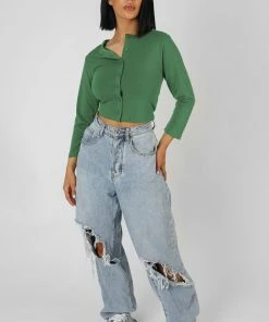 Public Desire UK KAIIA CLOTHING Button Front Long Sleeve Crop Top Khaki