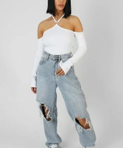 Public Desire UK KAIIA CLOTHING Halterneck Ring Detail Bodysuit Ecru