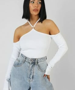 Public Desire UK KAIIA CLOTHING Halterneck Ring Detail Bodysuit Ecru