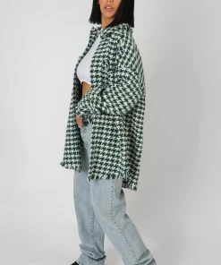 Public Desire UK Houndstooth Shacket Forest Green