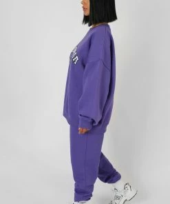 Public Desire UK KAIIA CLOTHING Oversized Columbia Slogan Sweatshirt Purple