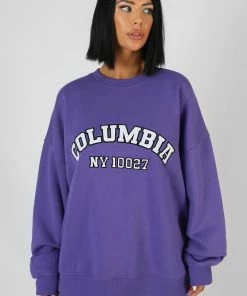 Public Desire UK KAIIA CLOTHING Oversized Columbia Slogan Sweatshirt Purple