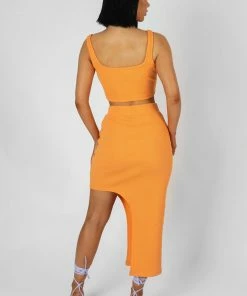 Public Desire UK Extreme Split Ribbed Midi Skirt Mango KAIIA CLOTHING